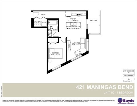 Floor plan for 1 bed, 1 bath, 722 sqft